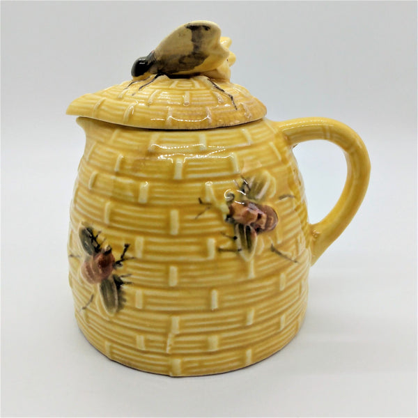 Vintage Yellow Ceramic Honey Pot Pitcher With Majolica Honey Bees